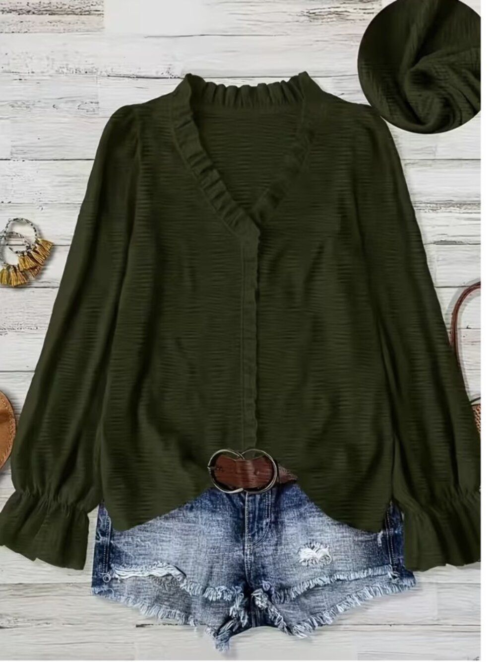 NWT Fern Green Textured Ruffle V-Neck Long Sleeve Blouse Top Plus Size 18 & 20